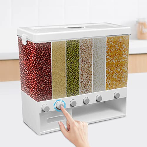 Xigner Distributeur de céréales à 6 compartiments avec récipient à riz - Design transparent - Cloison amovible pour le stockage du riz noir, du maïs, des noix, des légumineuses