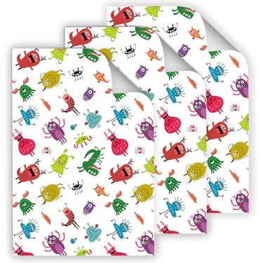Junapack 12 Geschenkpapier-Bögen hochwertige reißfeste Geschenkverpackung für Kinder Mädchen Junge Monster bunt für kleine Geschenke für Geburtstag Weihnachten Fest (12 Bögen je A3-Format)