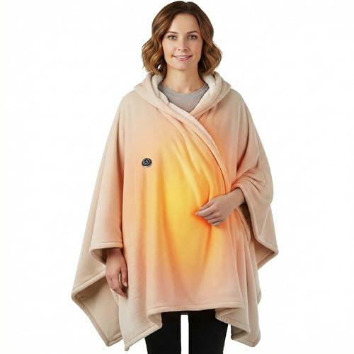 Silvergear Värmefilt med huvtröja | fluffig filt | huvtröja herr och dam | rutig fleecefilt | trådlös | 3 uppvärmningslägen | 150 x 80 cm | beige