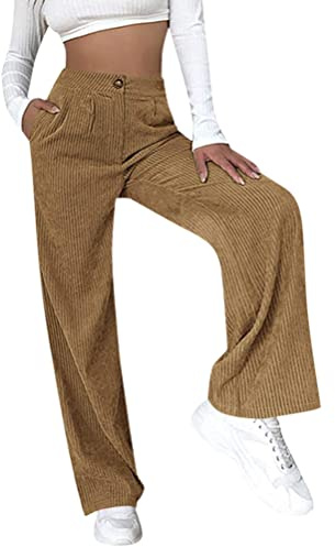 Oanviso Pantalons en Velours Côtelé Femme Élégant Pantalon Boutons Ample Taille Haute Couleur Unie Classique Slim Pantalon Rétro avec Poches A Brun M