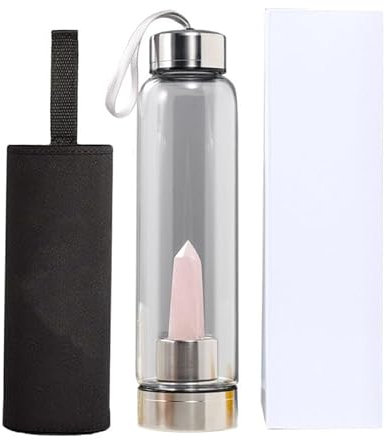 getuse Crystal Elixir Wasserflasche mit Amethyst infundiertem Zauberstab, 540 ml Glas-Wellnessflasche für heilende Energie, Meditation, Yoga und spirituelle Flüssigkeitszufuhr, Geschenk (Rosa)