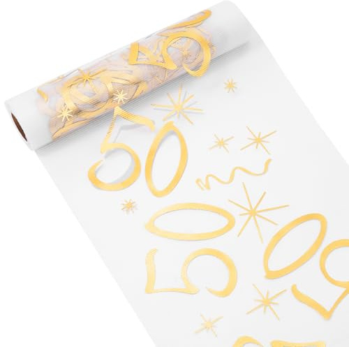 OSDUE Camino de Mesa Dorado, 10m x 28cm Decoración de Mesa para 50 Años, Camino de Mesa Dorado de Tul para Cumpleaños para Decoración, Boda, Fiesta, Vacaciones, Aniversario