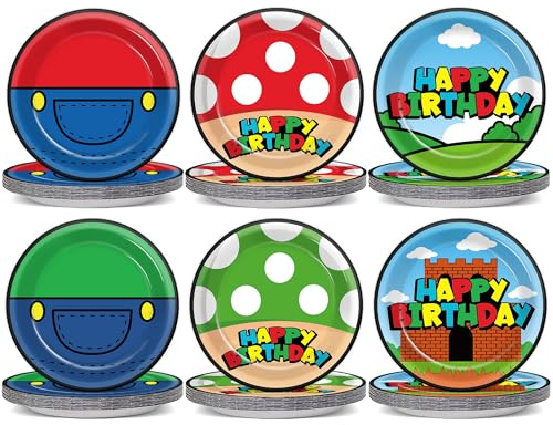 60Pcs Super Theme Brother Birthday Party Supplies Set Brothers Theme Plates Super Video Games Tableware 7 Disposable Paper Plates Favors for Kids Boys Girls Baby Shower Gamer Party Decoration