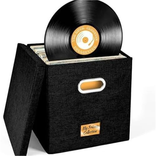 WAJJWI Vinyl Record Storage Box For Up To 50+ 12-Inch Albums, Records Crate, LP Album, Fabric Boxes with Lids para Discos(Black)