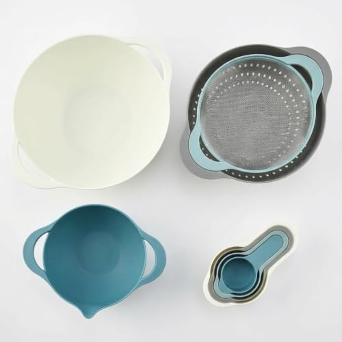 Marnovest 8 PCS Plastic Nesting Bowls Set with Mixing Bowls, Colanders, Measuring Cups, Sifter for Baking, Food Prep and RV Camping Accessories