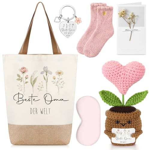 Hestya Set Regalo per Nonna la Festa della Mamma Contenuto Borsa in Tela di Iuta, Portachiavi, Bambola a Forma di Vaso di Fiori Lavorata a Maglia Mascherina per Dormire, Calzini, Biglietto d'Auguri