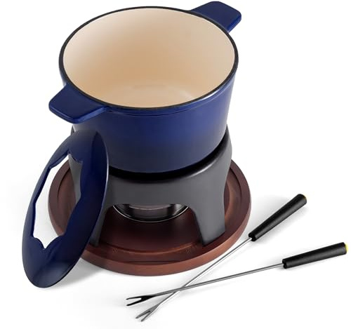 Swissmar Sierra Cast Iron Fondue Set, 1.6 Quart / 1.6 Liter – Perfect for Meat, Cheese, & Chocolate Fondues – Ideal for Family Bonding & Hosting Gifts - 12-Pieces, Deep Blue