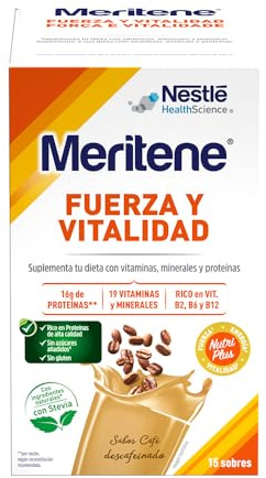 Meritene | Fuerza y Vitalidad | Batidos Sabor Café Descafeinado | Fuerza para tus Músculos, Vitalidad para ti | Nutrición para Adultos con Proteínas, Vitaminas y Minerales | 15 Sobres | 450 gr
