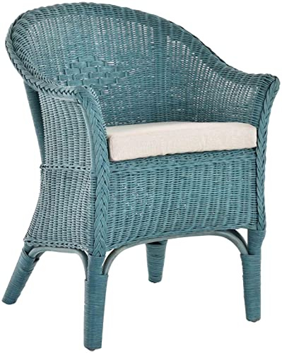 Rattan Chair, Natural Wicker Chair, Rattan Chair with Armrests, Lounge Wicker Chair (Blue, with Padding)