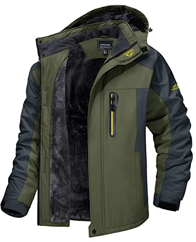 MAGCOMSEN Snowboardjacke Herren Winter Fleecejacke Wasserdicht Atmungsaktiv Outdoorjacke Skijacke Herren Winddicht Übergangsjacke mit Abnehmbarer Kapuze Armeegrün M