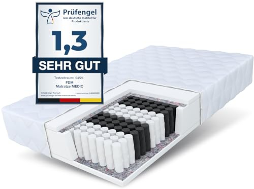 FDM Matratze 100x200 cm Härtegrad H3 Höhe 23 cm Taschenfederkernmatratze Polyurethan-Schaum 7 Komfortzonen mit Hypoallergenem Waschbarem Premium-Bezug Oeko-Tex Medic MAX