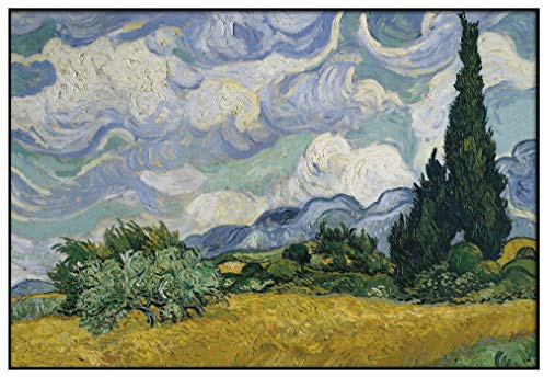 Panorama Cuadro Enmarcado Van Gogh Campo de Trigo con Cipreses 70x50 cm - Impreso en Papel Rígido - Incluye Marco - Decoración Salón - Póster Decorativos para Dormitorio y Salón