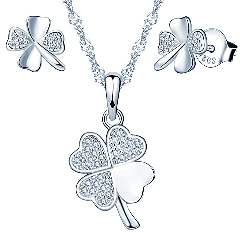 Yumilok Schmuck-Set für Damen 925 Sterling Silber Halskette mit Ohrringen Zirkonia 4 Blättriges Kleeblatt Geschenk-Set