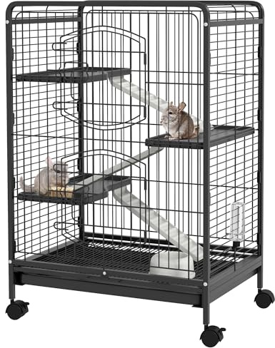 PawHut Gabbia per Piccoli Animali e Piccoli Roditori con Ruote, Gabbietta per Conigli e Cincillà con 3 Rampe e 3 Piattaforme, Ciotola e Bottiglia, 61.5x44x95 cm, Nero