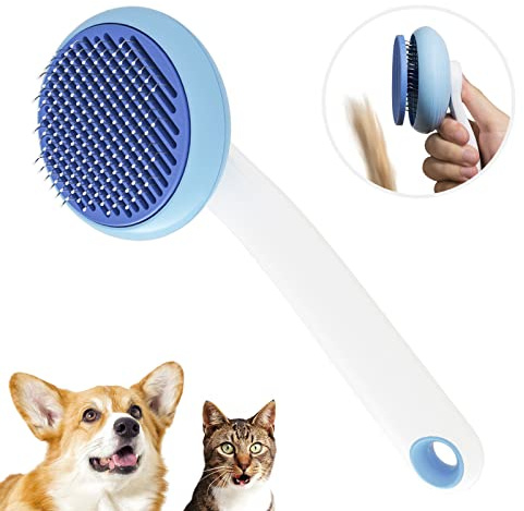 Brosse auto-nettoyante pour toilettage d'animaux de compagnie : élimine les enchevêtrements, sous-poils lâches et tapis des chats et chiens (bleu)