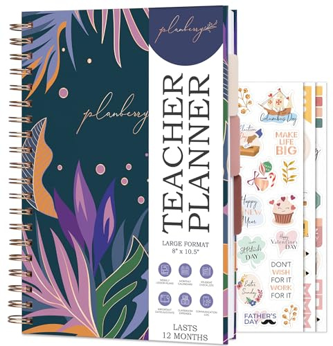 PLANBERRY Teacher Planner – Undated School Year Plan Book for Teachers with Calendars & Lesson Plans – Planner for Classroom Organization & Homeschool – 8”x10.5” Hardcover (Midnight Blooms)