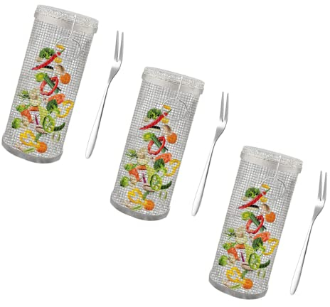 Rianpesn 【3 STÜCK】Rolling Grillkorb mit Gabel - Edelstahl Grill Korb Griff, Rack für Außengrill Gemüse, BBQ Grillhalter Pommes, Fisch, Garnelen, Camping Essentials, 3,54 * 3,54 * 7,87 Zoll