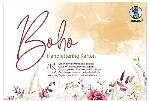 Ursus 24966499F Lot de 48 cartes de lettrage à la main, bohème, 16,8 x 11,6 cm, 300 g/m², 48 feuilles, carton photo en 16 motifs, pour créer des créations créatives