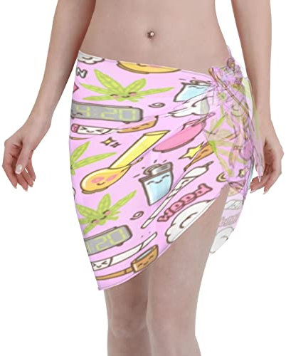 Women Swimwear Cover Ups Weed Pot Cannabis Funny Short Sarongs Beach Wrap Sheer Bikini Wraps Chiffon Black