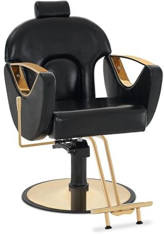 Barberpub Sedia da parrucchiere con poggiatesta, sedia da parrucchiere regolabile in altezza e girevole a 360°, inclinabile, sedia idraulica, in similpelle, 9578 (oro-nero)