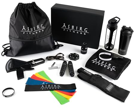 Asbirg Fitness Set 11 delar – Komplett träningskit för hem & gym – Träningsband, hopprep, shaker, handduk & mer – För män och kvinnor