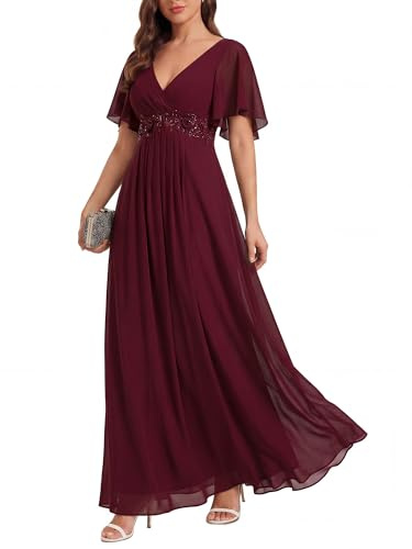 Ever-Pretty Women's Chiffon V Neck Short Sleeves Appliques Formal Evening Dresses Bridesmaid Burgundy 14UK