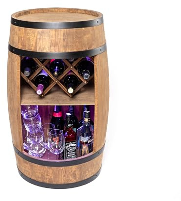 CREATIVE COOPER Barril de bar con soporte para vino – Botellero LED RGB – Barril de madera 80 x 50 cm – Decoración rústica – Armario para vino – Armario para vinos (marrón oscuro)