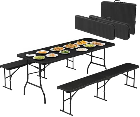 Albatros Bierzeltgarnitur 3-teilig – Tisch & 2 Bänke klappbar – Rattan-Optik, wetterfest, 10 Personen – Outdoor Sitzgruppe, 182 cm, belastbar bis 500 kg, schwarz