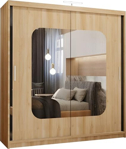 FURNITUREWAVE Alfa Sliding Door Wardrobe with Shelves & Hanging Rails White, Black, Grey & Oak Modern Furniture for Bedroom (120cm/150cm/180cm/203cm) (Oak, 180cm)