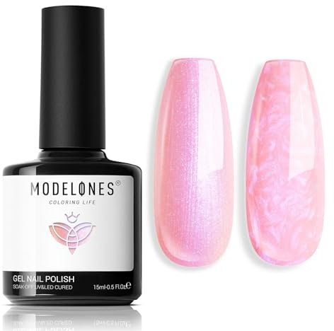 Modelones Pearl Pink Gel Nail Polish, 15ML 1Pc Shimmer Pearl Pink Nail Polish Drawing Glitter Gel Polish Soak Off Led Summer Nail Varnish Swirl Shell Thread Effect DIY Gift for Girls Women