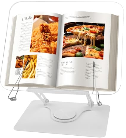 Foyucool Book Stand for Reading, Height Adjustable, Foldable Book Holder, with 360° Swivel Base and 90° Swivel Page Clips, for Music Scores, Magazines, Recipe, Laptop, Acrylic