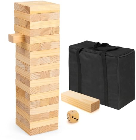 HOMASIS Jeu de Tour Infernale d’Équilibre avec 54 Blocs en Bois Massif et 1 Dé, Jouet de Société et d’Adresse, Jeu d’Empilage pour Famille, Adulte et Enfant 3+ Ans (Naturel)