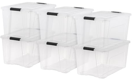 IRIS USA 72 Qt Stackable Plastic Storage Bins with Lids, 6 Pack - BPA-Free, Made in USA - See-Through Organizing Solution, Latches, Durable Nestable Containers, Secure Pull Handle - Clear