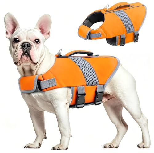 Oslueidy Chaleco Salvavidas para Perros Chaleco Salvavidas para Tiburones de Alta Flotabilidad Chaleco Salvavidas para Perros Chaleco Seguridad Bote Natación Kayak Surf Bañador (Naranja, S)