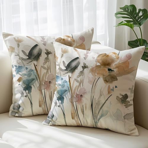 JANGYUHH Juego de 2 Fundas de Cojín 45x45 cm Cojines de Sofá Abstractos Flores de Tinta Cojines Marrón Vintage Decorativa Hecha de Lino para Jardín Sofá Sala de Estar Cama