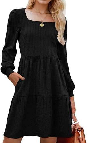 Zeagoo Knitted Dress for Women UK Long Sleeve Dress Lightweight Jumper Dress Knee Length Tunic Dress with Pockets Elegant A Line Ribbed Dress Black XXL