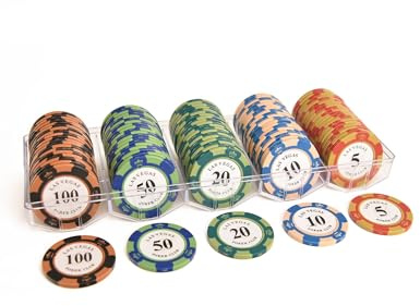 YIMINGOUFEI Pokerchip-Set mit 100 Tonchips mit Nennwert, geeignet für Blackjack und Casinospiele, 20 Chips pro Nennwert (5-10-20-50-100), inklusive Acryl-Aufbewahrungsbox