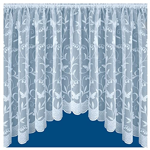 Tyrone Textiles Hawaii White Butterfly Jardiniere Net Curtain – Scalloped Base – Floral Lace – Rod Pocket – Width 254cm x Drop 91cm – Decorative Sheer Panel for Kitchen, Living Room or Conservatory