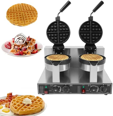 Doppia Piastra per Waffle Commerciale, Rotante Waffle Maker 2400W Antiaderente, Forme 20cm x 2cm, Timer 0-5min, 110V/220V, Acciaio Inossidabile 201 – Per Chioschi di Snack, Panetterie
