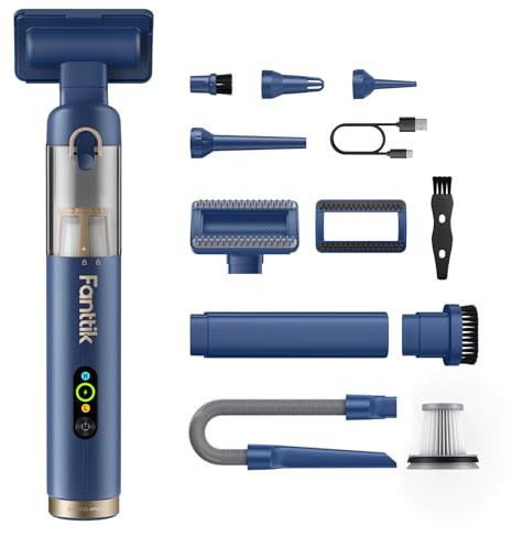 Fanttik Slim V10 APEX Cordless Car Vacuum, 4-in-1 Portable Mini Handheld Vac, Upgraded Smart Digital Display, 19kPa Suction Power, 2 Suction Modes for Small Jobs, Car, Office Desk, Keyboards (Blue)