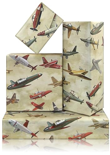 Papel de regalo de avión, 4 hojas de diseño de aviones militares, papel de regalo plegado vintage para hombres, entusiastas de la aviación, pilotos, veteranos, 19.7 x 27.6 pulgadas