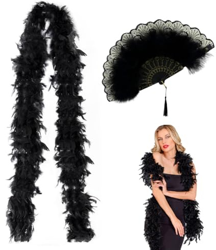 OIXYEY Boa di piume nere con ventaglio di piume, lunghezza circa 180 cm, accessorio per costume, accessori Charleston per donna, anni '20, flapper, carnevale, festa a tema