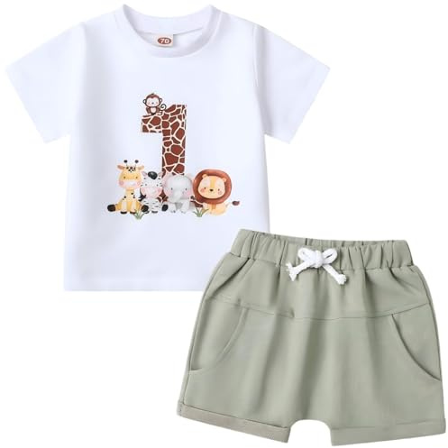 Asmea Conjunto Cumpleaños 1 Año Niño Ropa Bebe 1 Año Niño Regalo Bebe One Year Old Boy Outfit Camiseta de Manga Corta con Estampado Animal + Pantalón 12-18 Meses Marrón