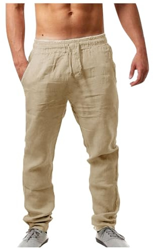 Sobzia Pantaloni Lino Uomo Estivi Casual Leggeri Larghi Pantalone Elastico in Vita Comodi Pantalone Coulisse con Tasche per Yoga Vacanze Spiaggia Uso Quotidiano S-5XL