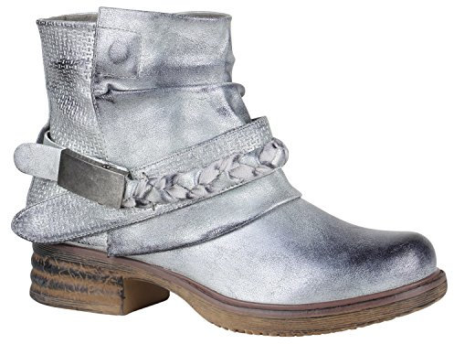 Damen Stiefeletten Biker Boots Nieten Schnallen Leder-Optik Schuhe 148778 Silber Flechte 38 Flandell