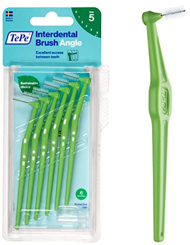 TEPE Interdental Brush Angle, Angled Dental Brush for Teeth Cleaning, Pack of 6, 0.8 mm, Large Gaps, Green, Size 5