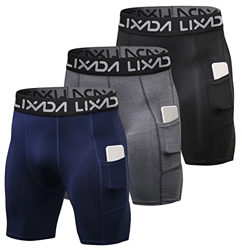 Lixada Lot de 3 Shorts de Compression pour Homme Active Workout sous-vêtements Couche de Base Collants Courts, Noir/Gris/Bleu foncé, XXL
