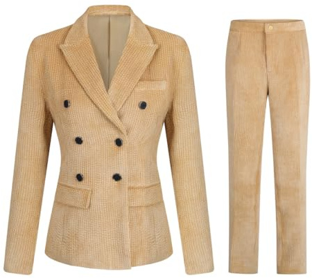 YFFUSHI Completi da donna con pantaloni e giacca, in corduroy, dal taglio slim, blazer elegante e aderente, outfit da lavoro per l'ufficio, set completo, marrone, L
