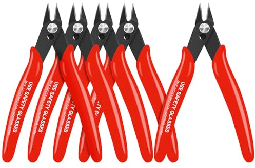 HongWay 5pcs Wire Cutters, Micro Flush Cutters with Spring, Wire Cutting Pliers, Wire Snips for Electronics Soft Copper Jewelry Making, 5-inches, Red