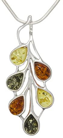 LIGURIUS NATURAL BALTIC AMBER STERLING SILVER 925 NECKLACE PENDANT Multicoloured Gemstone For Women & Silver Adjustable CHAIN Snake 45cm - 50 cm, Gift set